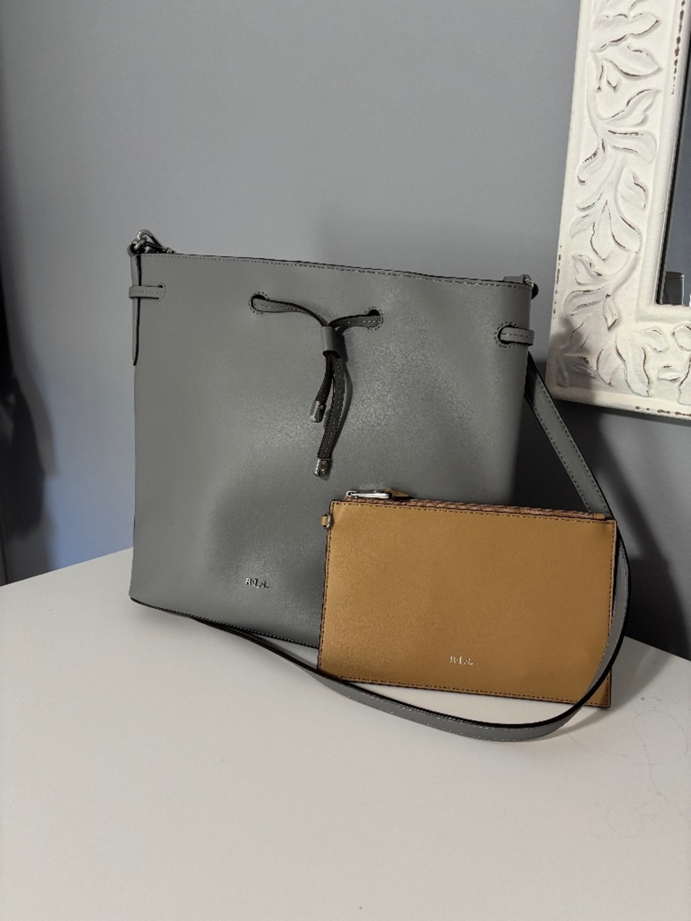 Gray Lauren Ralph Lauren Debby leather drawstring bucket bag
